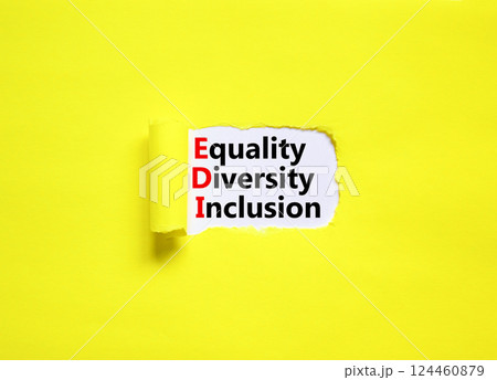 EDI equality diversity inclusion symbol. Concept words EDI equality diversity inclusion on white paper on beautiful yellow background. Business EDI equality diversity inclusion concept. Copy space. 124460879