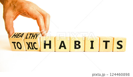 Healthy or toxic habits symbol. Concept words Healthy habits or Toxic habits on beautiful wooden blocks. Beautiful white table white background. Business healthy or toxic habits concept. Copy space. 124460898