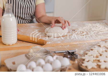 Senior woman cooking in kitchen, hands close up. Older mature lady grandmother hands knead dough bake cookies. Old grandma cook homemade food. Household housewife housework concept 124461006