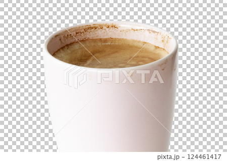 A close-up of a frothy cappuccino in a white ceramic mug. Rich, creamy texture and warm tones. Perfect for coffee shop branding, menus, food blogs, advertising and lifestyle visuals. No background. 124461417