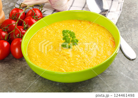Vegetarian corn cream soup served parsley 124461498