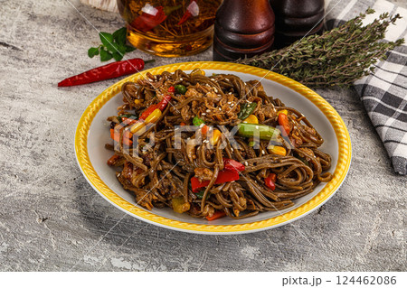 Soba with shredded pork and vegetables Soba with shredded pork and vegetables 124462086
