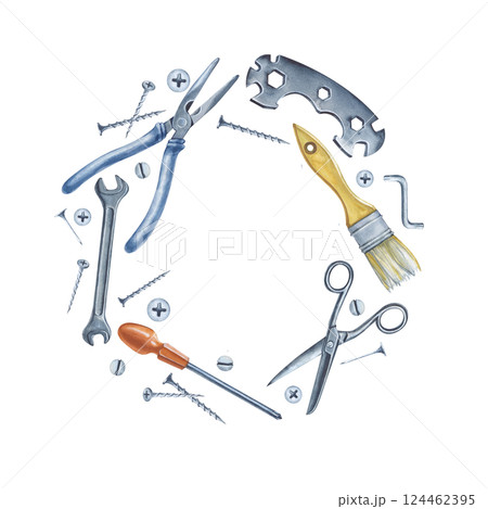 Watercolor frame of men's work tools isolated on a white background. Wrench, scissors, pliers, bicycle wrench and screwdriver. Watercolor illustration. Home maintenance and repair. 124462395