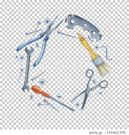 Watercolor frame of men's work tools isolated on a white background. Wrench, scissors, pliers, bicycle wrench and screwdriver. Watercolor illustration. Home maintenance and repair. 124462395
