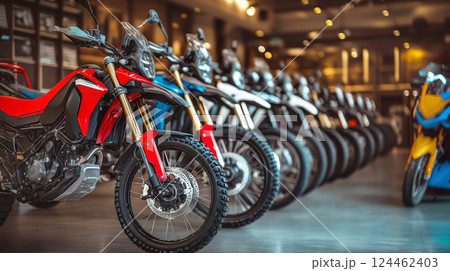Moto store with adventure bikes different colors are standing in row. Adventure bikes parked in a motorcycle shop with blurred background. Moto store with adventure bikes different colors are standing in row. Adventure bikes parked in a motorcycle shop with blurred background. 124462403