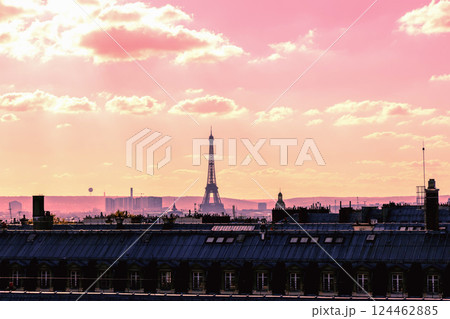 Romantic view of rooftops and Eiffel Tower with the sunset sky in Paris, France 124462885