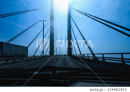 High-speed road bridge view from a fast-moving car. 124462953