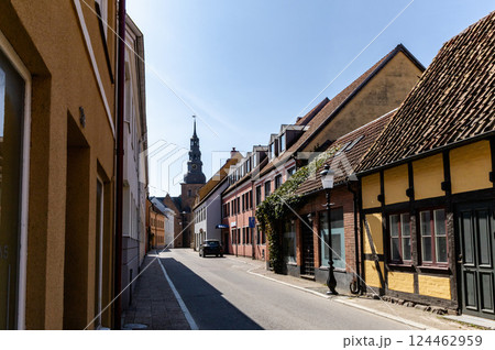 Narrow streets of the old town with colorful houses. 124462959