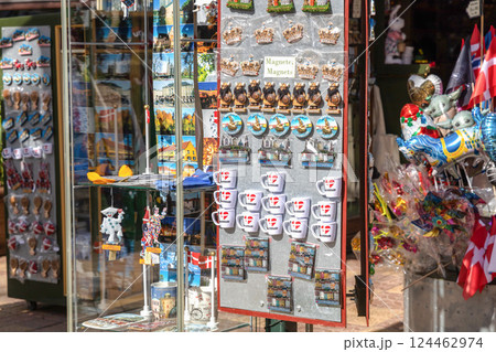 Souvenir shop for tourists in Copenhagen with symbols of Denmark. 124462974