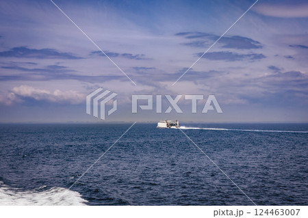 Seascape with a white ferry in the distance and waves. 124463007