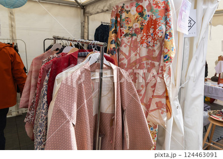 Traditional Japanese clothing for women sold in a boutique during sakura festival Traditional Japanese clothing for women sold in a boutique during sakura festival 124463091