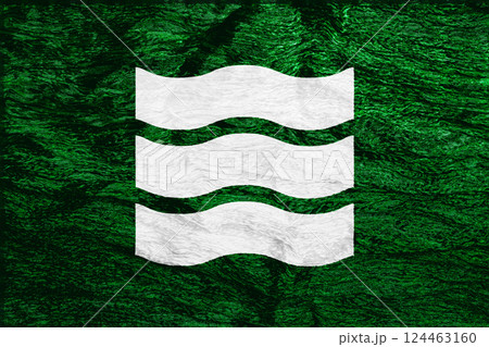 Official flag of Hiroshima. City in Japan. Conceptual collage on fabric texture 124463160