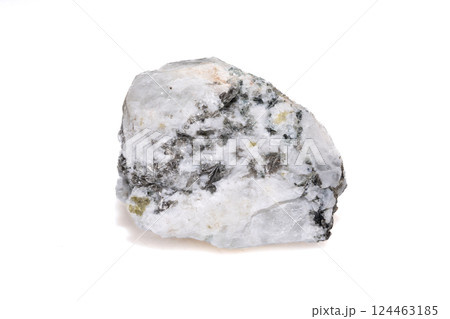 Iridescent Moonstone Crystal Mineral Specimen with Black and Gray Inclusions on White Background 124463185