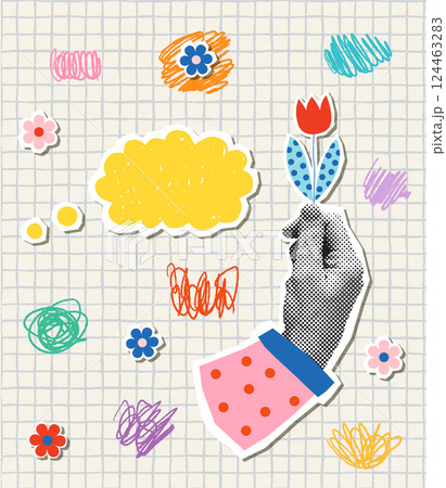 Fun spring collage with halftone hand holding a flower, colorful scribbles, speech bubble on paper grid background 124463283
