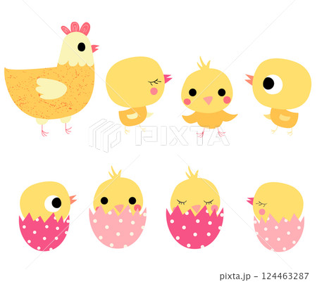 Cute vector yellow chicks and a hen in flat style for Easter designs 124463287
