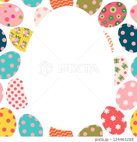 Cute colorful Easter brochure or greeting card with colored eggs and white oval copy space 124463288