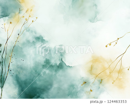 Pastel watercolor background with gold botanical illustrations 124463353