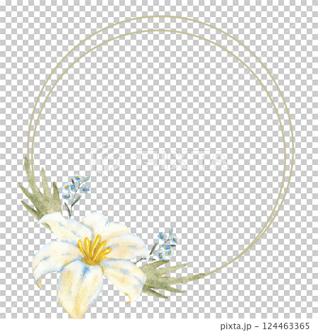 Round frame of white flower and green leaves. Watercolor illustration. Isolated. Template for first communion, baptism, wedding greeting cards, invitation, save the date, birthday. Copy space 124463365