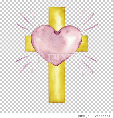 Pink heart against gold cross. Isolated on a white background. Watercolor illustration, catholic religious symbols. For first communion, wedding, baprism greeting card, invitation. Hand drawn Pink heart against gold cross. Isolated on a white background. Watercolor illustration, catholic religious symbols. For first communion, wedding, baprism greeting card, invitation. Hand drawn 124463373