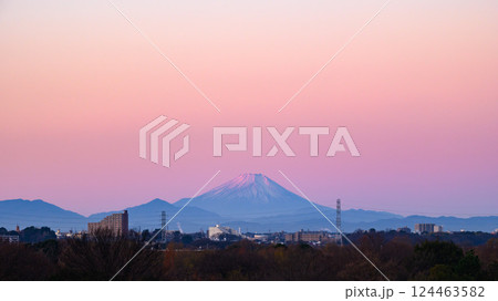 埼玉県・道満グリーンパークから見る朝焼けの富士山(紅富士) 埼玉県・道満グリーンパークから見る朝焼けの富士山(紅富士) 124463582