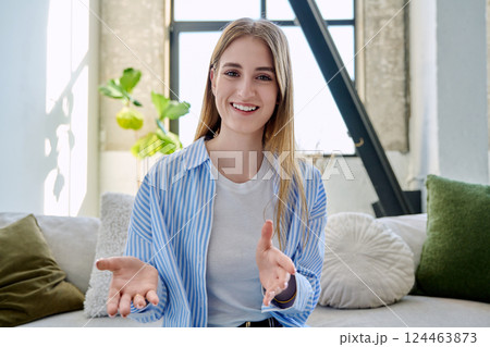 Web camera view of teenage girl talking looking in camera, online meeting, video call Web camera view of teenage girl talking looking in camera, online meeting, video call 124463873
