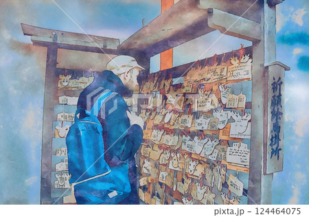 神社の祈願絵馬掛所で色々な願い事が書かれている絵馬を眺める男性（オリジナル画像からAIイラスト加工） 124464075