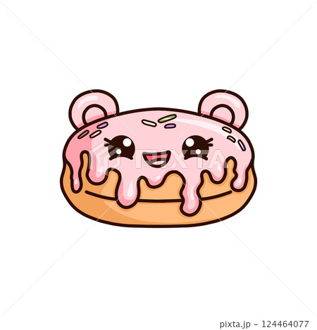 A delightful kawaii donut character with a sweet smile and sparkling eyes. It features a pink icing glaze, colorful sprinkles, and adorable ear-like bumps. Cartoon vector illustration on white 124464077