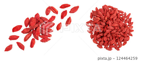 Dried goji berries isolated on white background. Top view with copy space for your text. Flat lay. Dried goji berries isolated on white background. Top view with copy space for your text. Flat lay. 124464259