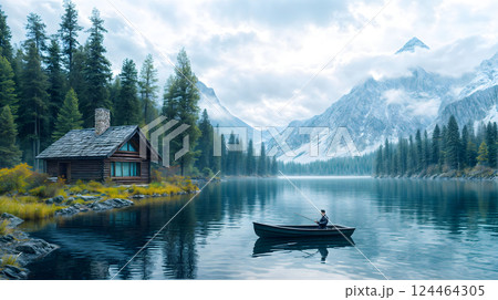 Serene lake fishing with a rustic cabin surrounded by majestic mountains and a tranquil forest setting at sunrise 124464305
