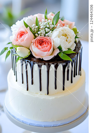 Elegant floral cake with chocolate ganache and pastel roses displayed at an intimate event Elegant floral cake with chocolate ganache and pastel roses displayed at an intimate event 124464306
