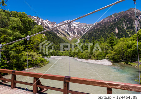【さわやか上高地】河童橋のシンボル「河童橋」から望む穂高連峰 の絶景 【さわやか上高地】河童橋のシンボル「河童橋」から望む穂高連峰 の絶景 124464589