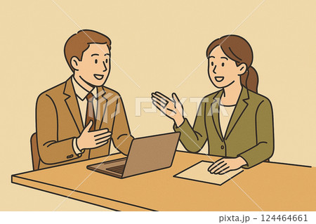 オフィスで話し合うビジネスマンとビジネスウーマンのカラーイラスト 124464661