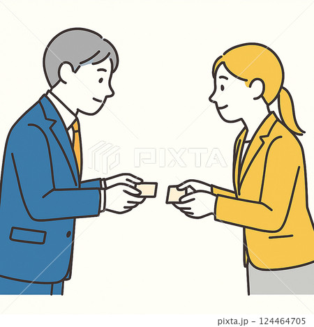 名刺交換をするビジネスマンとビジネスウーマンのイラスト(青いスーツと黄色のジャケット) 名刺交換をするビジネスマンとビジネスウーマンのイラスト(青いスーツと黄色のジャケット) 124464705