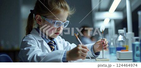 Child as a young scientist conducting experiments and interested in science, fascination with science and nature 124464974