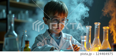 Child as a young scientist conducting experiments and interested in science, fascination with science and nature 124464975