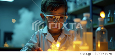 Child as a young scientist conducting experiments and interested in science, fascination with science and nature 124464976