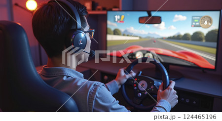 Gamer playing a car racing simulation at home with a steering wheel controller and having fun, e-sports and gaming industry 124465196
