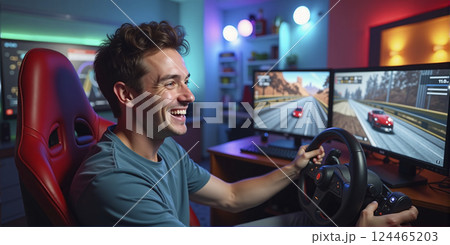 Gamer playing a car racing simulation at home with a steering wheel controller and having fun, e-sports and gaming industry 124465203