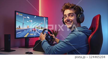 Gamer playing a car racing simulation at home with a steering wheel controller and having fun, e-sports and gaming industry Gamer playing a car racing simulation at home with a steering wheel controller and having fun, e-sports and gaming industry 124465204