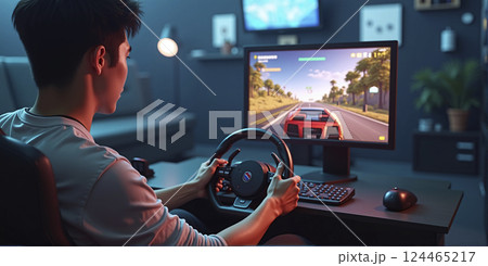 Gamer playing a car racing simulation at home with a steering wheel controller and having fun, e-sports and gaming industry 124465217