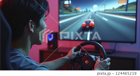 Gamer playing a car racing simulation at home with a steering wheel controller and having fun, e-sports and gaming industry 124465219