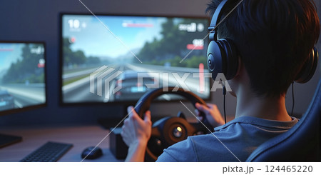 Gamer playing a car racing simulation at home with a steering wheel controller and having fun, e-sports and gaming industry 124465220