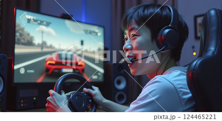 Gamer playing a car racing simulation at home with a steering wheel controller and having fun, e-sports and gaming industry 124465221