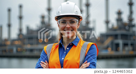 A female employee working with self-confidence in the male domain, construction, heavy industry or production, equality of women and men in society 124465302