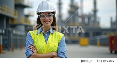 A female employee working with self-confidence in the male domain, construction, heavy industry or production, equality of women and men in society 124465303