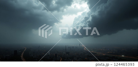 A huge destructive storm is approaching a city and threatens to cause considerable damage and endanger human life 124465393