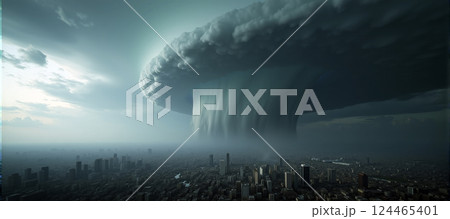 A huge destructive storm is approaching a city and threatens to cause considerable damage and endanger human life 124465401