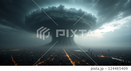 A huge destructive storm is approaching a city and threatens to cause considerable damage and endanger human life 124465409