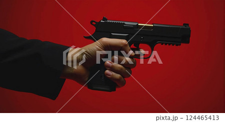 Close-up of a handgun held in the hand ready to fire against a red background 124465413
