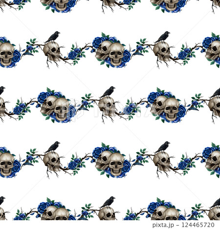 Skulls, crow, blue roses and dry branches seamless pattern. Watercolor illustration for Halloween or Day of the Dead isolated on white background. Gothic style for wrapping paper, packaging, textile Skulls, crow, blue roses and dry branches seamless pattern. Watercolor illustration for Halloween or Day of the Dead isolated on white background. Gothic style for wrapping paper, packaging, textile 124465720